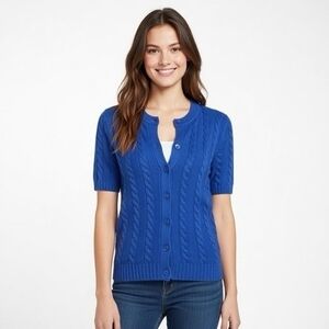 ZARA Vibrant Blue Cable Knit Button Up Cardigan Short Sleeve Womens M VG